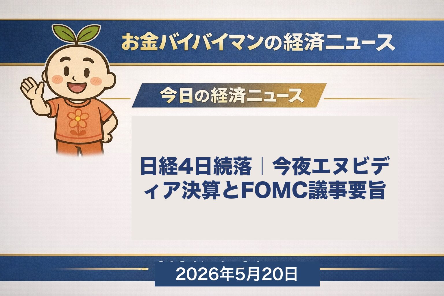 2026年5月19日の日経平均は265円安で4営業日続落の6万550円、TOPIXは逆行プラス、今夜はエヌビディア決算とFOMC議事要旨が同日に控える 2026年5月20日 水曜版