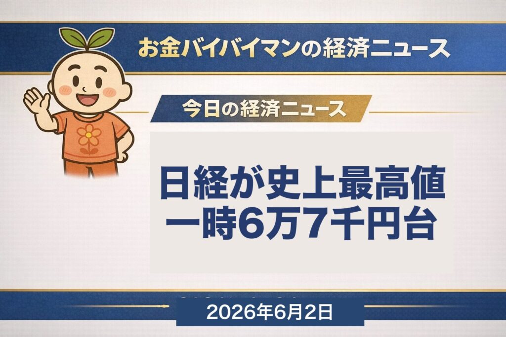 日経平均は6月1日終値6万6,934円で連日の史上最高値・一時6万7千円台、一方TOPIXは下落し二極化。米ISM製造業は54.0と約4年ぶり高水準となった2026年6月2日の経済ニュース。
