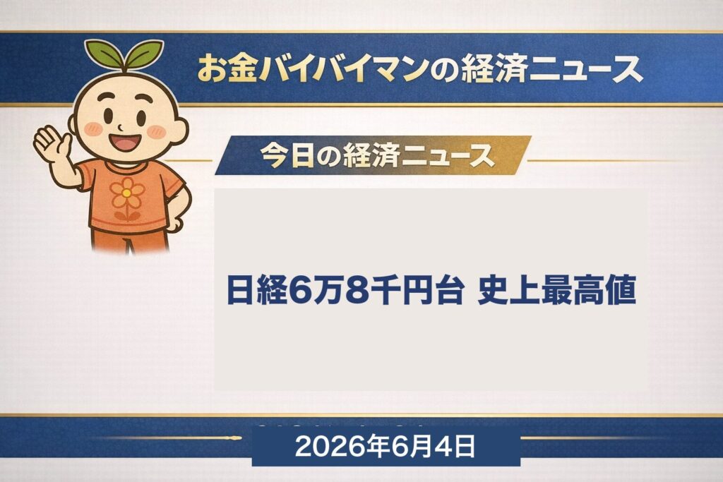 2026年6月4日のお金バイバイマン経済ニュース。日経平均が+1,667円高で初の終値6万8千円台・史上最高値を更新、一方の米株は反落で日米逆転したことを伝えるアイキャッチ画像。