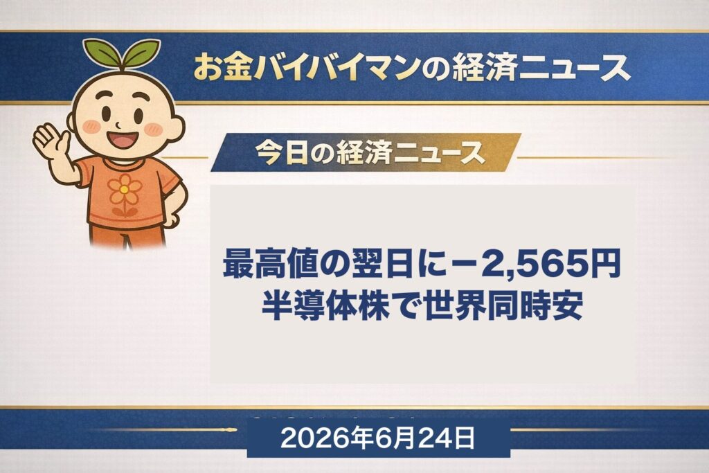 日経平均が史上最高値の翌日に前日比2,565円安の急反落で6万9,788円、半導体メモリ株主導の世界同時安、2026年6月24日