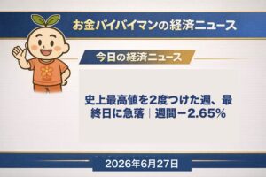 日経平均は今週6/22と6/25に史上最高値をつけたが最終日6/26に−3,005円の急落で着地、週間では−2.65%。米5月コアPCEは+3.4%でインフレ高止まり、原油は週間−9.52%で約4カ月ぶり安値。2026年6月27日の今週のマーケット振り返り