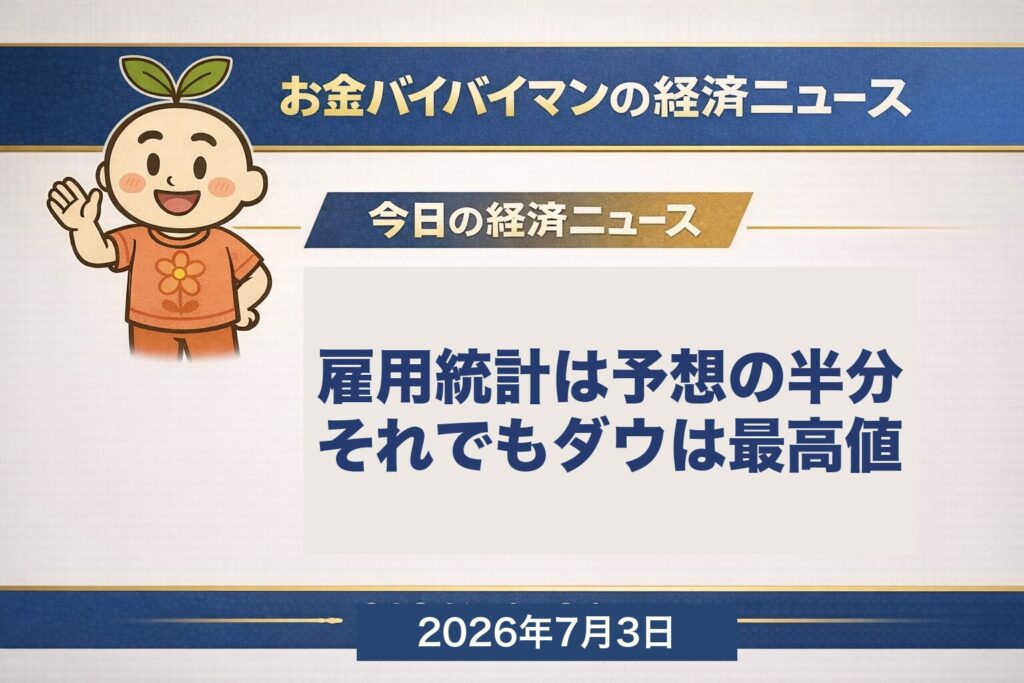 米6月雇用統計は+5.7万人と市場予想（+11万人前後）のほぼ半分の弱い結果。それでもNYダウは+594ドル高の52,900ドルで終値ベースの史上最高値を更新（追加利上げ観測の後退が追い風）。日経平均は7/2に前夜の米半導体株安を受けて-1,741円（-2.47%）の大幅反落で68,733円。ドル円は雇用統計後に161円台へ円高。本日7/3は米国市場が独立記念日の振替で完全休場。2026年7月3日の経済ニュース