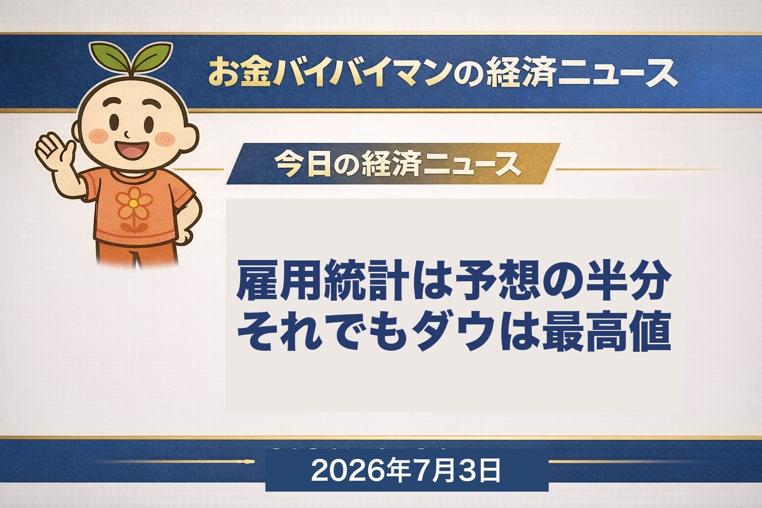 米6月雇用統計は+5.7万人と市場予想(+11万人前後)のほぼ半分の弱い結果。それでもNYダウは+594ドル高の52,900ドルで終値ベースの史上最高値を更新(追加利上げ観測の後退が追い風)。日経平均は7/2に前夜の米半導体株安を受けて-1,741円(-2.47%)の大幅反落で68,733円。ドル円は雇用統計後に161円台へ円高。本日7/3は米国市場が独立記念日の振替で完全休場。2026年7月3日の経済ニュース