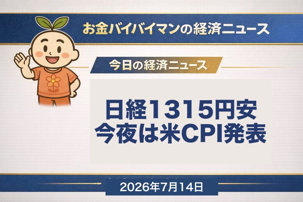 お金バイバイマン経済ニュース。7月13日の日経平均は1,315円安の6万7,242円で3営業日ぶり反落。半導体株の急落と中東情勢の再緊迫（ホルムズ海峡）で原油が急騰しリスクオフになったこと、今夜7月14日に米6月CPIが発表されることを示すアイキャッチ画像。