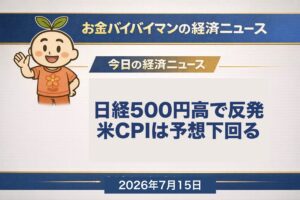 お金バイバイマン経済ニュース。7月14日の日経平均は500円高の6万7,743円で2営業日ぶり反発。一時974円安まで下げた後に後場切り返したこと、同日夜に発表された米6月CPIが4項目すべて市場予想を下回り、米国の利上げ観測が後退したことを示すアイキャッチ画像。