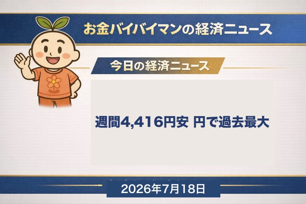 2026年7月13日〜17日のマーケット振り返り。物価は落ち着いたのにAI・半導体株の急落で日経平均が週間4,416円安（円ベースで過去最大の下げ幅・下落率−6.44%は過去最大ではない）となり、6月25日の最高値から約11%下げて調整局面入りしたことを示すお金バイバイマン経済ニュースのアイキャッチ画像。