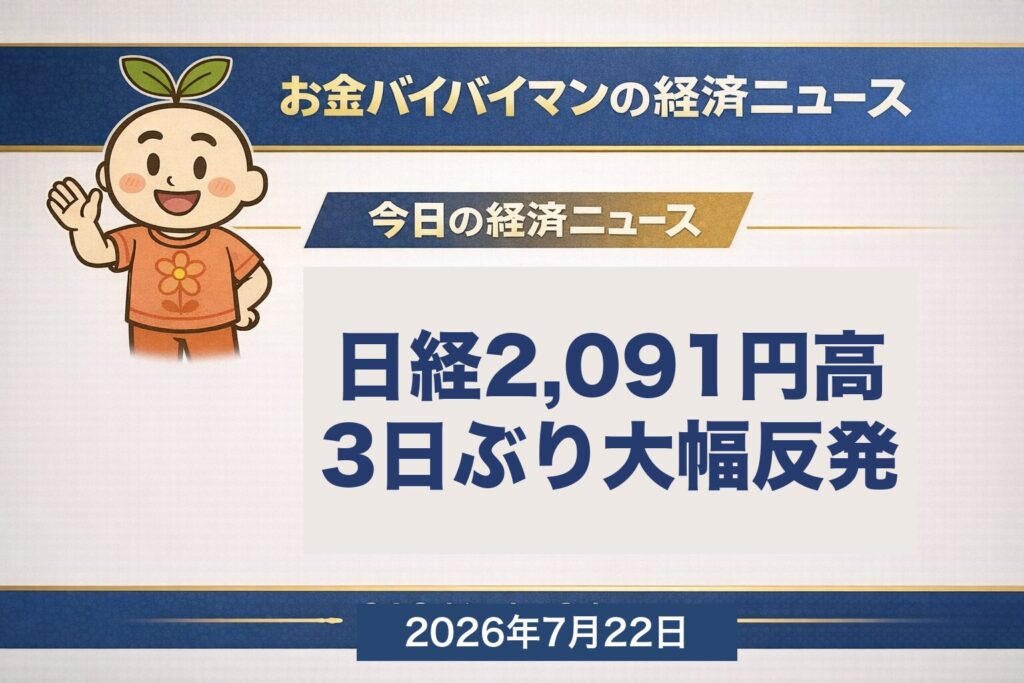 お金バイバイマン経済ニュース。海の日の3連休明け7月21日の日経平均は2,091円07銭高の6万6,232円19銭と3営業日ぶりの大幅反発。寄り付き直後は前日比プラス62円まで伸び悩んだものの、後場にかけて買いが強まり大引けがその日の高値となる「高値引け」だったこと、米国株も4営業日ぶりに反発し半導体指数SOXが5.2%上昇したことを示すアイキャッチ画像。
