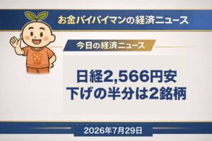 2026年7月28日の東京市場で日経平均株価が2,566円安の6万2,364円と大幅に反落し、下げ幅の半分以上がアドバンテストと東京エレクトロンの2銘柄によるものだったことを伝える、お金バイバイマン経済ニュースのアイキャッチ画像。