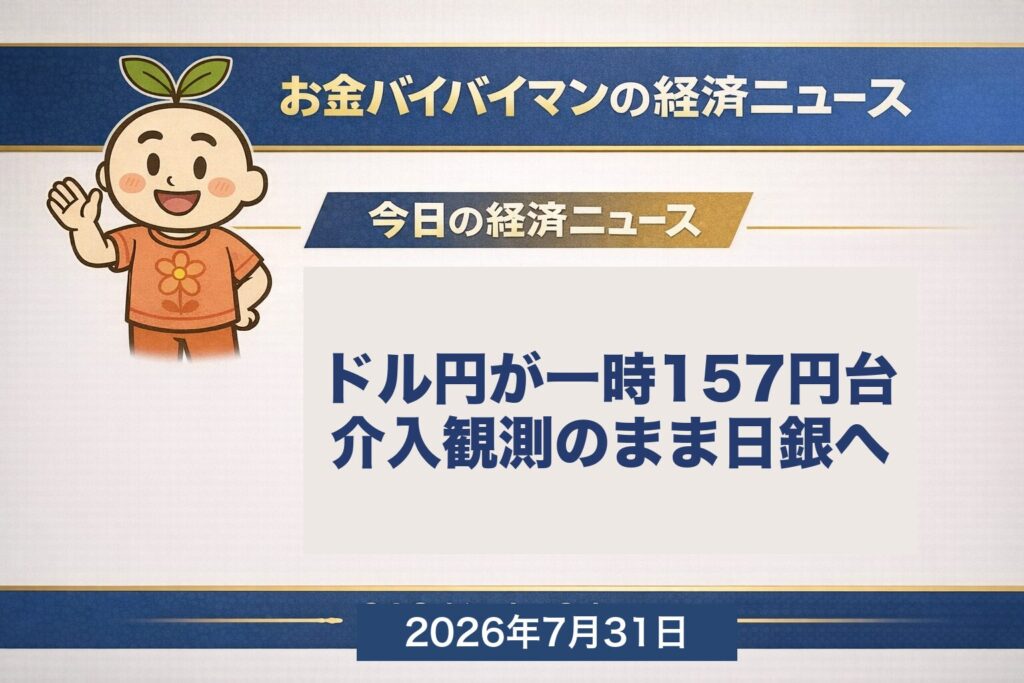 2026年7月30日の夜にドル円が一時1ドル157円98銭まで急伸し、市場で政府・日本銀行による為替介入との観測が広がったこと、そして7月31日の昼に日本銀行の金融政策決定会合の結果が公表されることを伝える、お金バイバイマン経済ニュースのアイキャッチ画像。