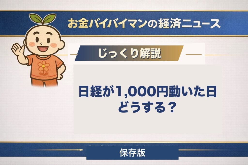 日経平均が1日で1,000円動いた日に初心者がやるべきことを解説する記事のアイキャッチ。結論は「何もしない」。あわてて売らない・慌てて買い増さない・積立の設定を変えない構え方を、図解と体験談でやさしく解説する保存版記事の見出し画像。
