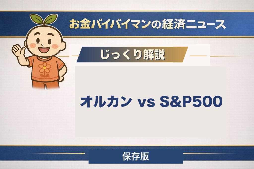 オルカンとS&P500を比較する図解のアイキャッチ。オルカンの中身は約6割が米国株で、S&P500と大きく重なることを示す。全世界株と米国株、どちらを選ぶかを初心者向けにやさしく解説する記事の見出し画像。