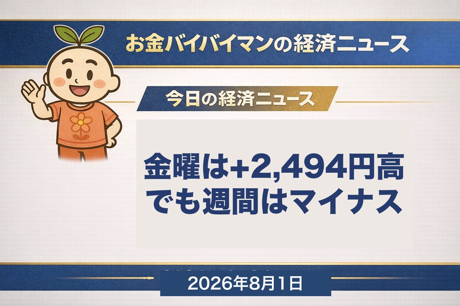 2026年7月31日の日経平均が2,494円高と大幅に上げたにもかかわらず、7月27日から31日までの週間では249円安のマイナスで終えたこと、そして同じ7月31日に日本銀行が政策金利を1.0%に据え置いたことを伝える、お金バイバイマン経済ニュースの週次振り返りアイキャッチ画像。