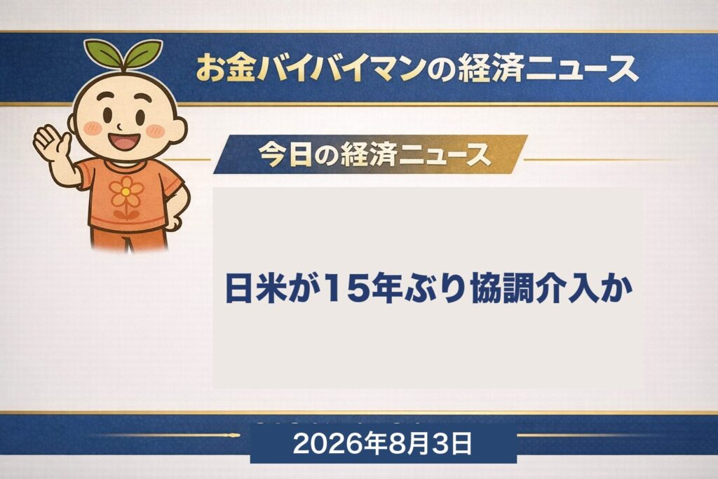 2026年7月31日に日本とアメリカが15年ぶりの円買い協調介入に踏み切ったと報じられ、8月3日に日米が共同声明を出す方向で調整していると報じられていることを伝える、お金バイバイマン経済ニュースの月曜版アイキャッチ画像。当局の公式発表はまだない。