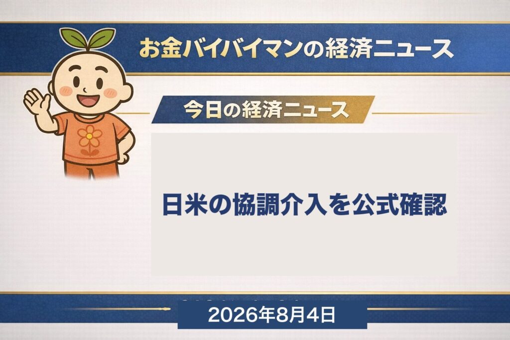 2026年8月3日に財務省が片山財務大臣談話を公表し、7月31日に日米が協調して円買い介入を実施したことを公式に認めたことを伝える、お金バイバイマン経済ニュースの平日版アイキャッチ画像。8月3日の日経平均は607円安の63,754円、その夜のNYダウは693ドル高で終値の最高値。