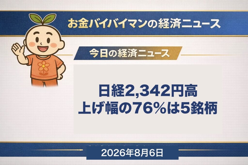 2026年8月5日の日経平均株価が2,342.91円高の66,300.44円と大幅続伸したことを伝える、お金バイバイマン経済ニュースの平日版アイキャッチ画像。東証プライムでは値上がり1,019・値下がり491と広く買われた一方、上げ幅のうち約1,788円（76%）は上位5銘柄が作っており、その2番目は8月6日に決算を発表するソフトバンクグループ。同じ夜のニューヨークはダウだけが終値の最高値を更新し、S&P500とナスダック総合は下落した。