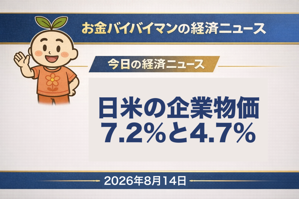 2026年8月13日（木）の東京市場とその夜のアメリカ市場を伝える、お金バイバイマン経済ニュースの平日版アイキャッチ画像。同じ日に日本とアメリカで企業どうしの物価の統計が出て、日本の7月の国内企業物価指数は前年比7.2%、アメリカの7月の生産者物価指数（PPI）は前年比4.7%だった。東京市場では日経平均が784円53銭高の68,308円59銭で3日続伸し、TOPIXは4,176.04で終値としての史上最高値を2日続けて更新している。