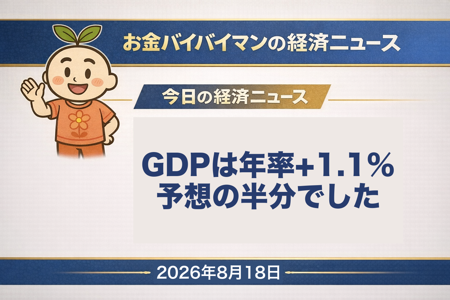 2026年8月18日(火)のお金バイバイマン経済ニュースのアイキャッチ画像。8月17日(月)朝に公表された4〜6月期GDP1次速報は実質年率プラス1.1%で、市場予想のプラス2.2%の半分だった。3四半期連続のプラスだが個人消費は8四半期ぶりのマイナスで、押し下げの主役は石油備蓄の取り崩しによる公的在庫。同じ日の日経平均は506円45銭高の6万9,220円25銭で5日続伸した一方、TOPIXは9営業日ぶりに反落し、長期金利は一時2.930%と約30年ぶりの高さを付けた。