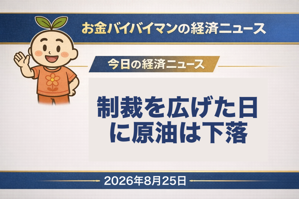 2026年8月25日（火）のお金バイバイマン経済ニュースのアイキャッチ画像。アメリカのベッセント財務長官がイランと取引を続ける「全ての国」を制裁の対象にすると警告した同じ一日で、WTI原油の10月限は2ドル05セント安の85ドル01セントに下がった。8月24日（月）の日経平均株価は488円27銭安の6万5,528円09銭で2日続落したが、TOPIXは6.00ポイント高の4,073.29で3日続伸し、2つの指数が逆を向いている。台風18号「ソウデル」は南大東島の東およそ90キロにあり、大東島地方に暴風警報。沖縄本島は8月25日の夕方から暴風で、翌26日は猛烈な風の見込み。今日の経済用語は「二次制裁」。
