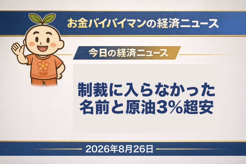 2026年8月26日（水）のお金バイバイマン経済ニュースのアイキャッチ画像。アメリカの対イラン制裁ではおよそ60件が名指しで指定され、香港や中国本土の会社・個人も含まれたが、イラン産原油の決済を担う中国の大手金融機関はリストに入らなかった。これを受けてWTI原油の10月限は2ドル65セント安の82ドル36セント（マイナス3.12%）に下落し、原油安を好感したNYダウは160ドル24セント高の53,577ドル40セントで3日続伸。8月25日（火）の日経平均株価は取引時間中に前日終値より918円62銭安い場面がありながら、終値は328円34銭高の6万5,856円43銭で3日ぶりに反発した。奄美地方では25日午後11時10分に線状降水帯が発生している。今日の経済用語は「清算値」。