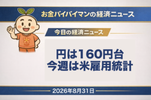 2026年8月31日(月)のお金バイバイマン経済ニュース(WEEKLY AGENDA)のアイキャッチ画像。8月28日に財務省が公表した7月30日から8月26日までの円買いドル売り介入は総額15兆3,993億円で、ひと月ぶんとして過去最大。介入直前の162円80銭から7月31日のニューヨーク終値157円40銭まで5円40銭押し戻したうち、8月28日のニューヨーク終値160円09銭までで2円69銭、およそ50%が戻った計算になる。8月31日から9月1日にかけて米ノースカロライナ州でG20財務相・中央銀行総裁会議が開かれ、片山財務相とベッセント米財務長官が為替を協議する方針。週の山場は9月4日の米雇用統計。8月28日のNY金先物9月限は157ドル59セント安の4,506ドル41セントで3.38%の下落。今日の経済用語は「口先介入」。