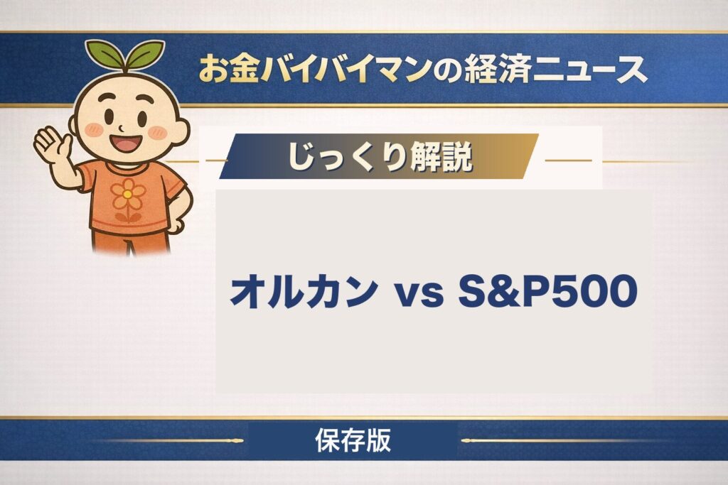 オルカンとS&P500を比較する図解のアイキャッチ。オルカンの中身は約6割が米国株で、S&P500と大きく重なることを示す。全世界株と米国株、どちらを選ぶかを初心者向けにやさしく解説する記事の見出し画像。