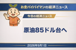 2026年9月1日(火)のお金バイバイマン経済ニュースのアイキャッチ画像。米軍が8月30日にホルムズ海峡のイラン領ララク島にあるミサイル発射装置2基を攻撃し、イラン側がヨルダンの米軍基地2か所とUAEのアル・ミンハド空軍基地へ報復したことで、WTI原油の10月限の清算値は2ドル36セント高の1バレル=85ドル76セントへ急伸した。NYダウは374ドル9セント安の53,185ドル90セントで続落。前日の東京市場では日経平均が取引開始直後に64,832円10銭まで1,573円46銭下げたあと、終値の66,311円93銭まで1,479円83銭を取り返し、下げ幅の約94%を回収して93円63銭安で引けた。長期金利は一時2.950%と約29年10カ月ぶりの高さ。今日の経済用語は「限月」。