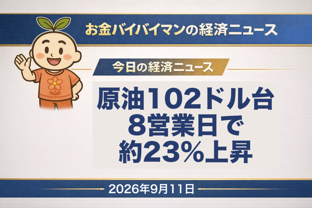 2026年9月11日（金）のお金バイバイマン経済ニュースのアイキャッチ画像。9月10日のWTI原油先物10月限の清算値は6.43ドル高の102.48ドルで8営業日続伸。8営業日前の8月28日の83.40ドルから19.08ドル、約23%上がった。IMFの船舶データでは、ホルムズ海峡を通る船は今年1月から2月下旬の1日平均68.1隻に対し、8月7日から9月6日は平均4.4隻。ECB（欧州中央銀行）は3つの政策金利をそろって0.25%引き上げ、中銀預金金利は2.50%に。米国株はNYダウが316ドル56セント安の5万2,064ドル10セントなど3指数そろって4日続落。日経平均株価は一時956円10銭安から切り返し、128円17銭高の6万5,270円95銭で高値引け。今日の経済用語は「中銀預金金利」。