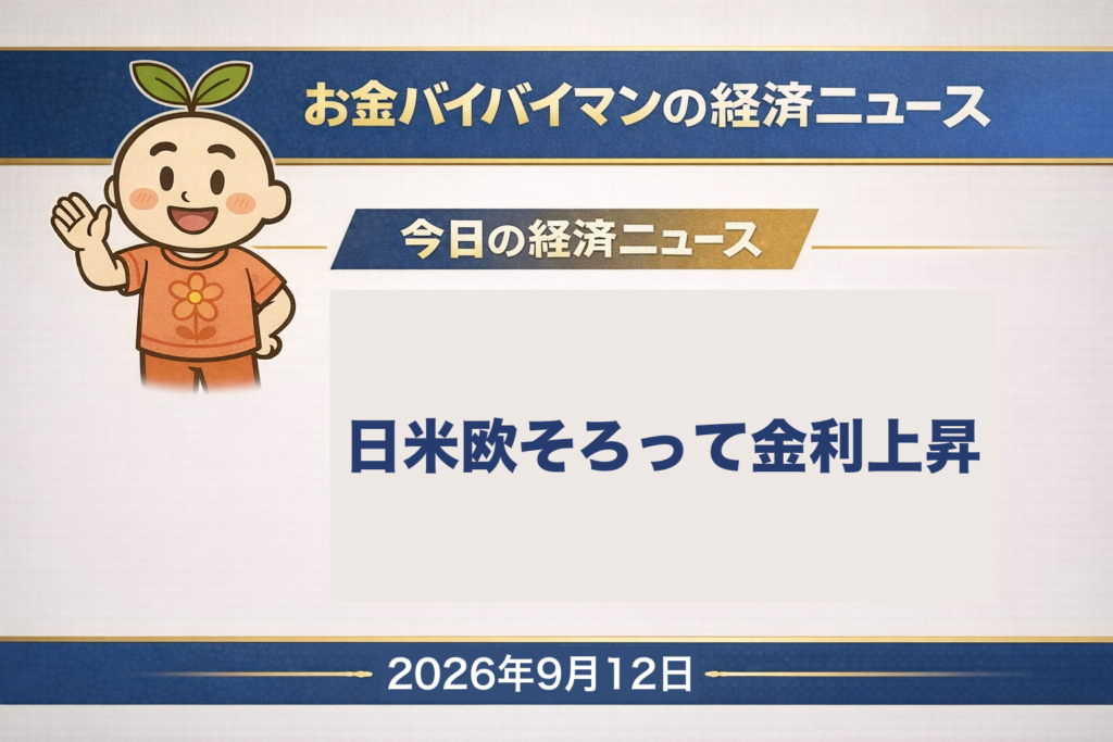 2026年9月12日（土）のお金バイバイマン経済ニュース、今週のマーケット振り返りのアイキャッチ画像。今朝9時30分、気象庁が北海道の十勝岳の噴火警戒レベルを2から3（入山規制）に引き上げた。9月7日から11日の週は、米10年債の利回りが9月4日の4.78%から11日の4.96%へ上がり、日本の長期金利も一時3%台をつけ、ECB（欧州中央銀行）は3つの政策金利をそろって0.25%引き上げた。株は日経平均が週間で1,009円60銭安の6万4,011円34銭、TOPIX・NYダウ・S&P500・ナスダック総合とあわせて5つの指数がそろって下落。ドル円は2円65銭の円高の153円61銭。WTI原油は一週間で約9ドル、およそ1割の上昇。今日の経済用語は「前年同月比」。