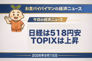 2026年9月15日(火)のお金バイバイマン経済ニュースのアイキャッチ画像。9月14日(月)の東京市場は、AI開発のペースが落ちるとの見方からAIや半導体の関連株が売られ、日経平均株価は518円35銭安の6万3,492円99銭で2日続落した。一方でTOPIXは29.91ポイント高の4,058.21で反発し、東証プライムのおよそ8割の銘柄が値上がりした。米国株もAI株に売りが出てNYダウは152ドル09セント安。米国の10年国債利回りは一時5.01%と2023年10月以来の5%台をつけた。今日の経済用語は「節目」。