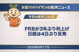 2026年9月17日(木)のお金バイバイマン経済ニュースのアイキャッチ画像。米国の中央銀行にあたるFRBは日本時間9月17日午前3時、政策金利を0.25%引き上げて3.75〜4.00%にすると発表した。利上げは2023年7月以来で、12対0の全会一致。9月16日(水)の日経平均株価は438円90銭高の6万3,923円で4日ぶりに反発した。今日の経済用語は「インフレ目標」。