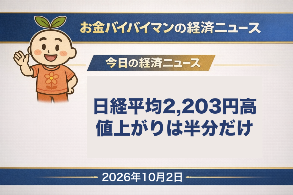 2026年10月2日（金）のお金バイバイマン経済ニュースのアイキャッチ画像。10月1日の日経平均は2,203円高の68,956円72銭で大幅続伸したが、東証プライムの値上がり銘柄は750、値下がりは747とほぼ半々で、上げ幅の約半分はアドバンテストと東京エレクトロンの2社の分だった。今日の経済用語は「主な意見」。
