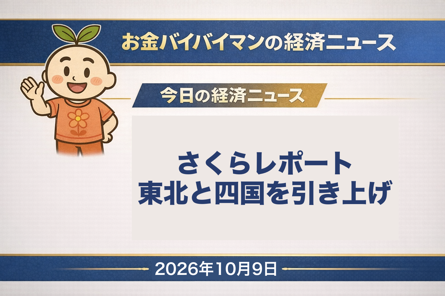 2026年10月9日（金）のお金バイバイマン経済ニュースのアイキャッチ画像。日銀のさくらレポートで、景気の判断を引き上げたのは東北と四国の2地域、残り7地域は据え置きだった。今日の経済用語は「経常収支」。