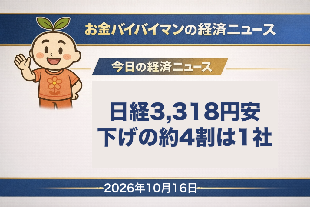 2026年10月16日（金）のお金バイバイマン経済ニュースのアイキャッチ画像。10月15日の日経平均は3,318円安で6日続落し、下げ幅の約4割はアドバンテスト1社の分だった。今日の経済用語は「G20財務相・中央銀行総裁会議」。