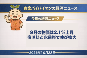 2026年10月23日（金）のお金バイバイマン経済ニュースのアイキャッチ画像。9月の全国の物価は2.1%上昇し、伸びを広げたのは宿泊料と水道料だった。今日の経済用語は「帰属家賃」。