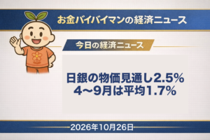 2026年10月26日（月）のお金バイバイマン経済ニュース（今週の予定）のアイキャッチ画像。日銀は7月に2026年度の物価の伸びを2.5%と見込んだが、4〜9月の全国の物価の伸びは平均1.7%（この記事の計算）。今日の経済用語は「ECB」。